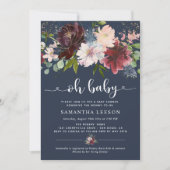 ネイビーエレガントブルゴーニュ花模様ベビーシャワー 招待状 (正面)