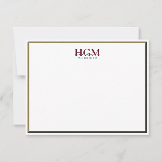 ネイビーエレガントブルゴーニュ金ゴールド3文字モノグラム ノートカード (正面)