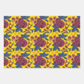 ネイビーエレガントブルゴーニュ黄色フローラ水色 ラッピングペーパーシート (正面)