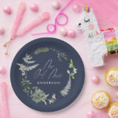 ネイビーエレガントブルモダンボタニカル結婚スクリプト ペーパープレート (パーティー)