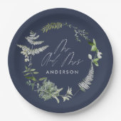 ネイビーエレガントブルモダンボタニカル結婚スクリプト ペーパープレート (正面)
