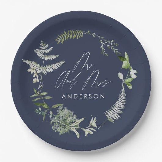 ネイビーエレガントブルモダンボタニカル結婚スクリプト ペーパープレート (正面)