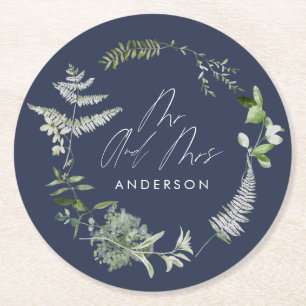 ネイビーエレガントブルモダンボタニカル結婚スクリプト ラウンドペーパーコースター