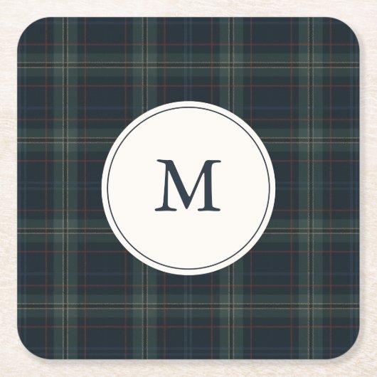 ネイビーエレガントブルーとグリーンプライドのモノグラム スクエアペーパーコースター (正面)