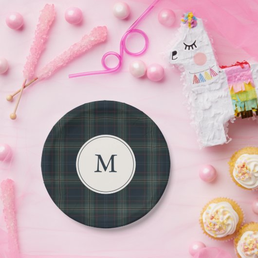 ネイビーエレガントブルーとグリーンプライドのモノグラム ペーパープレート (パーティー)