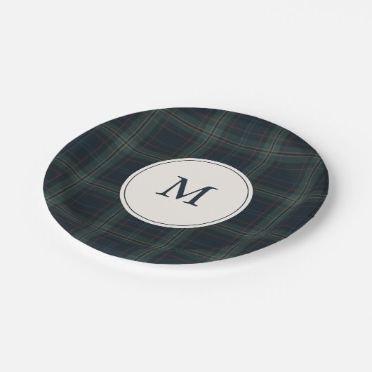 ネイビーエレガントブルーとグリーンプライドのモノグラム ペーパープレート (アングル)