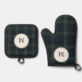 ネイビーエレガントブルーとグリーンプライドのモノグラム 鍋つかみ&鍋敷きセット (正面)