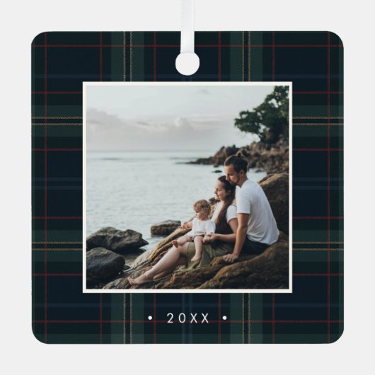 ネイビーエレガントブルーとグリーンプライド写真クリスマス メタルオーナメント (正面)