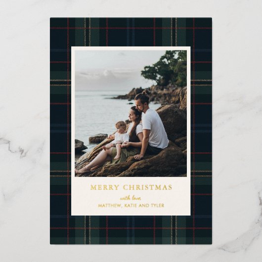 ネイビーエレガントブルーとグリーンプライド写真クリスマス 箔シーズンカード (正面)