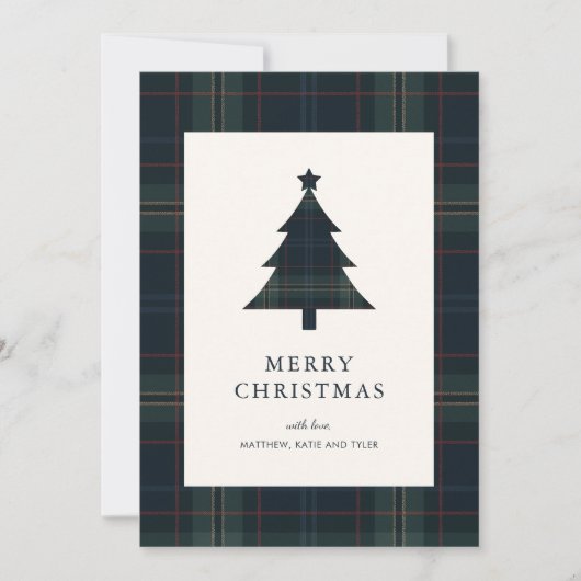 ネイビーエレガントブルーとグリーンプレイドクリスマス シーズンカード (正面)