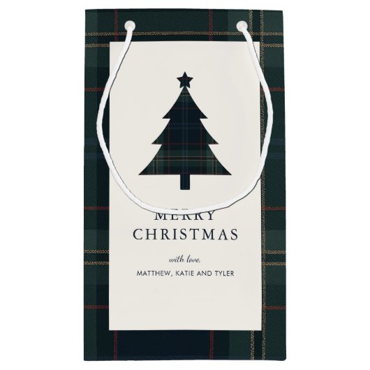 ネイビーエレガントブルーとグリーンプレイドクリスマス スモールペーパーバッグ (裏面)