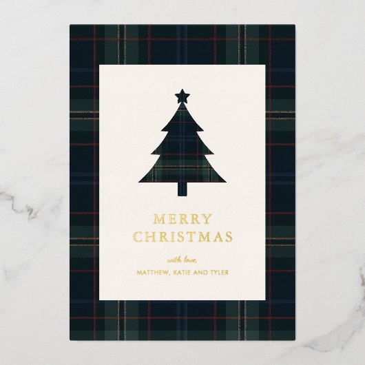 ネイビーエレガントブルーとグリーンプレイドクリスマス 箔シーズンカード (正面)