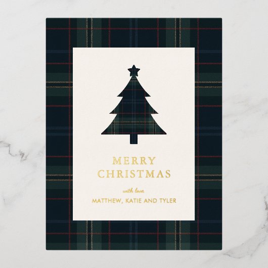 ネイビーエレガントブルーとグリーンプレイドクリスマス 箔シーズンポストカード (正面)