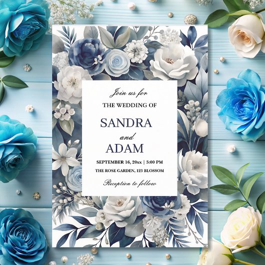 ネイビーエレガントブルーとシルバーのアイボリーフローラ結婚 招待状