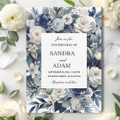 ネイビーエレガントブルーとシルバーのアイボリーフローラ結婚 招待状