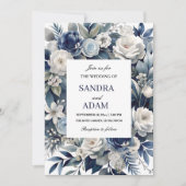 ネイビーエレガントブルーとシルバーのアイボリーフローラ結婚 招待状 (正面)