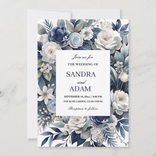 ネイビーエレガントブルーとシルバーのアイボリーフローラ結婚 招待状 (正面)