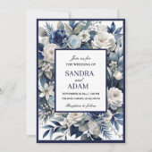 ネイビーエレガントブルーとシルバーのアイボリーフローラ結婚 招待状 (正面)