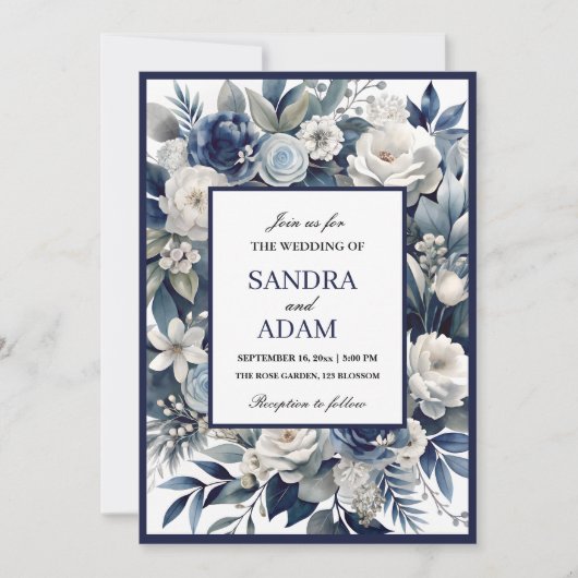 ネイビーエレガントブルーとシルバーのアイボリーフローラ結婚 招待状 (正面)