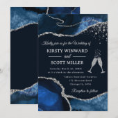 ネイビーエレガントブルーとシルバーのグリッターアゲート結婚ズ 招待状 (正面/裏面)