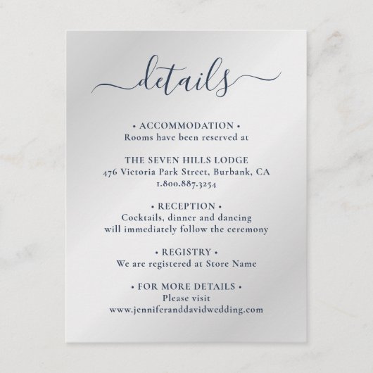 ネイビーエレガントブルーとシルバーの結婚詳細 エンクロージャーカード (正面)