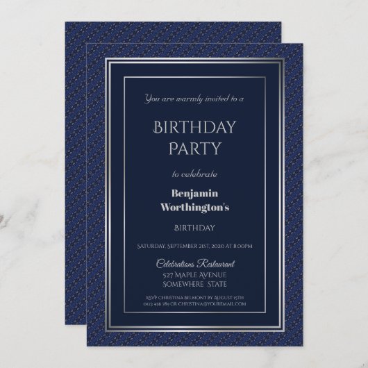 ネイビーエレガントブルーとシルバーの誕生日パーティー 招待状 (正面/裏面)