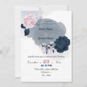 ネイビーエレガントブルーとピンクの花結婚類 招待状 (正面)