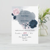 ネイビーエレガントブルーとピンクの花結婚類 招待状 (スタンド正面)