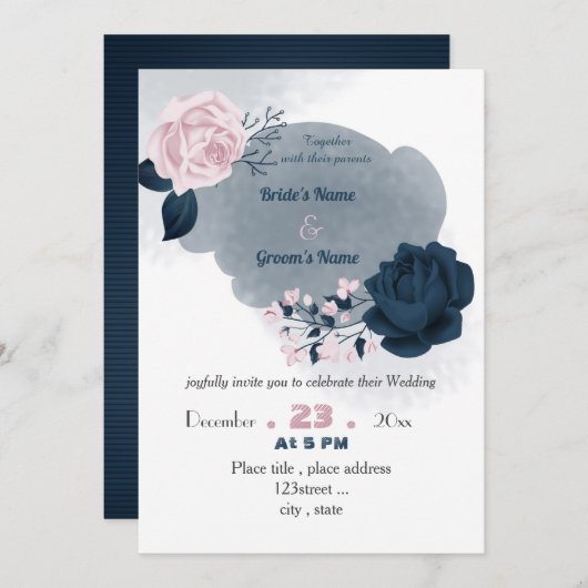 ネイビーエレガントブルーとピンクの花結婚類 招待状 (正面/裏面)