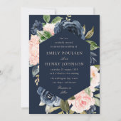 ネイビーエレガントブルーとピンクの赤面結婚開花 招待状 (正面)