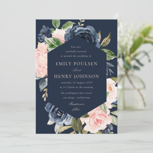 ネイビーエレガントブルーとピンクの赤面結婚開花 招待状 (スタンド正面)