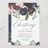 ネイビーエレガントブルーとプラムフローラ |《キリスト教》洗礼式や命名式 招待状 (正面/裏面)