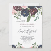 ネイビーエレガントブルーとプラムフローラ |バルミツワー 招待状 (正面)