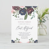 ネイビーエレガントブルーとプラムフローラ |バルミツワー 招待状 (スタンド正面)