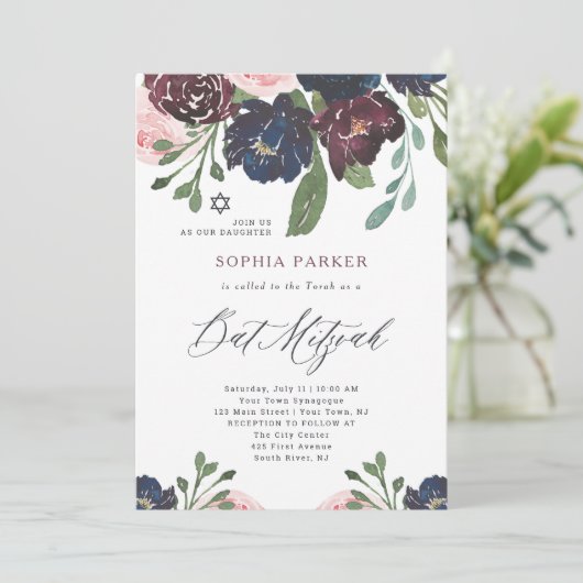 ネイビーエレガントブルーとプラムフローラ |バルミツワー 招待状 (スタンド正面)