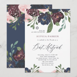 ネイビーエレガントブルーとプラムフローラ |バルミツワー 招待状