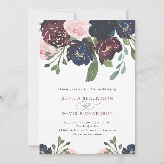 ネイビーエレガントブルーとプラムフローラ | 結婚s 招待状 (正面)
