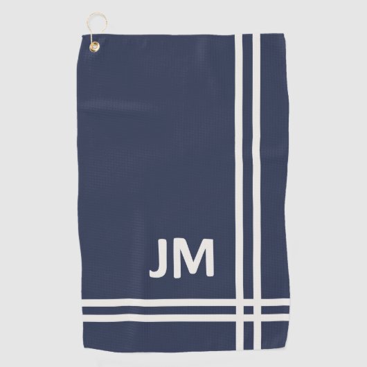 ネイビーエレガントブルーとホワイトのストライプデザイン ゴルフタオル (正面)