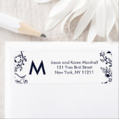 ネイビーエレガントブルーとホワイトのフローラ住所 シール (インサイチュ)