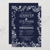 ネイビーエレガントブルーとホワイトのフローラ結婚式の招待 招待状 (正面/裏面)