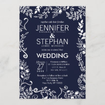 ネイビーエレガントブルーとホワイトのフローラ結婚式の招待