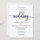 ネイビーエレガントブルーとホワイトクラシックの結婚 招待状 (正面)