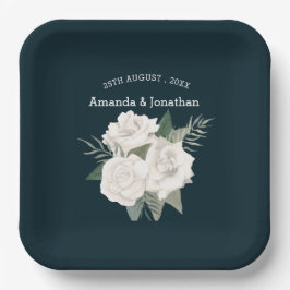 ネイビーエレガントブルーとホワイトローズ結婚ズ ペーパープレート