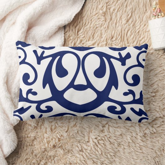 ネイビーエレガントブルーとホワイト装飾用クッション ランバークッション (ブランケット)