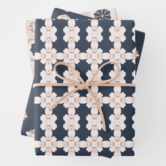 ネイビーエレガントブルーとライトピンクの花のパターン ラッピングペーパーシート (インサイチュ)