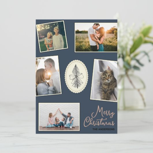 ネイビーエレガントブルーと埃っぽいバラクリスマスフォト シーズンカード (スタンド正面)