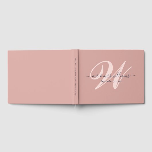 ネイビーエレガントブルーと赤面モノグラム結婚ズ ゲストブック (全面)