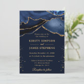 ネイビーエレガントブルーと金ゴールドグリッターアゲート結婚ズ 招待状 (スタンド正面)