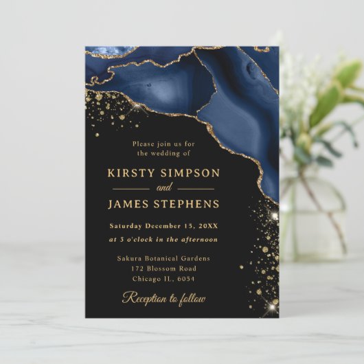 ネイビーエレガントブルーと金ゴールドグリッターアゲート結婚ズ 招待状 (スタンド正面)