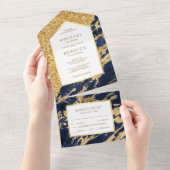 ネイビーエレガントブルーと金ゴールドグリッターマーブル結婚ズ オールインワン招待状 (貼ってはがせる)